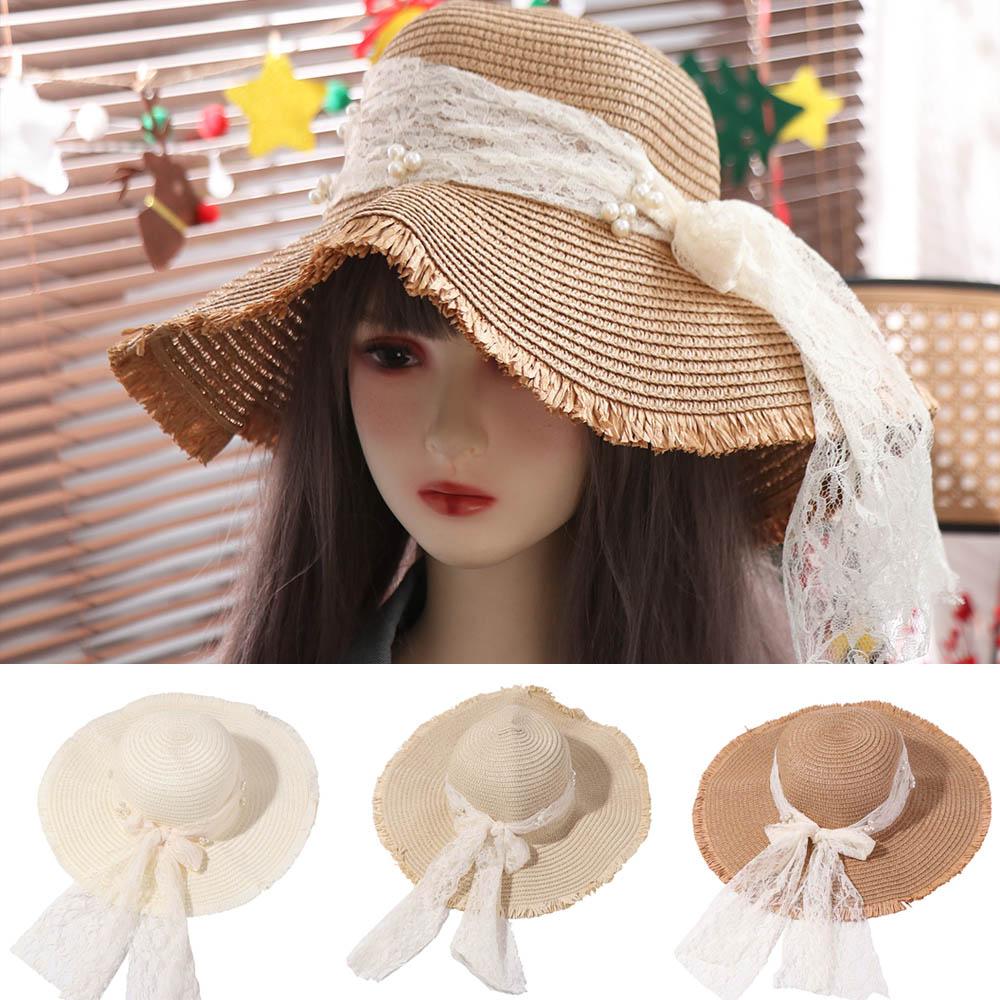 Spring Summer Bow Ribbon Straw Hat French Style Women's Sun Hat Lace Pearls Straw Hat  Outdoor