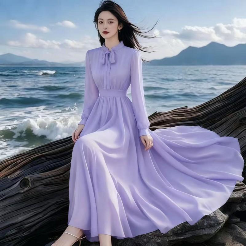 Womens Long Flowy Chiffon Dress French Style Vacation Party Maxi