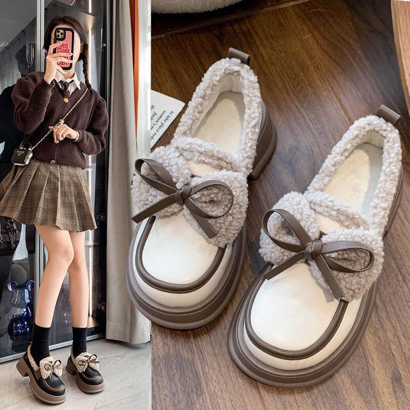 Fashion Bow Knot Women's Leather Shoes 2026 Winter New Plush Thicken Comfort Warm Shoes Height Increase Outdoor Non Slip Loafers