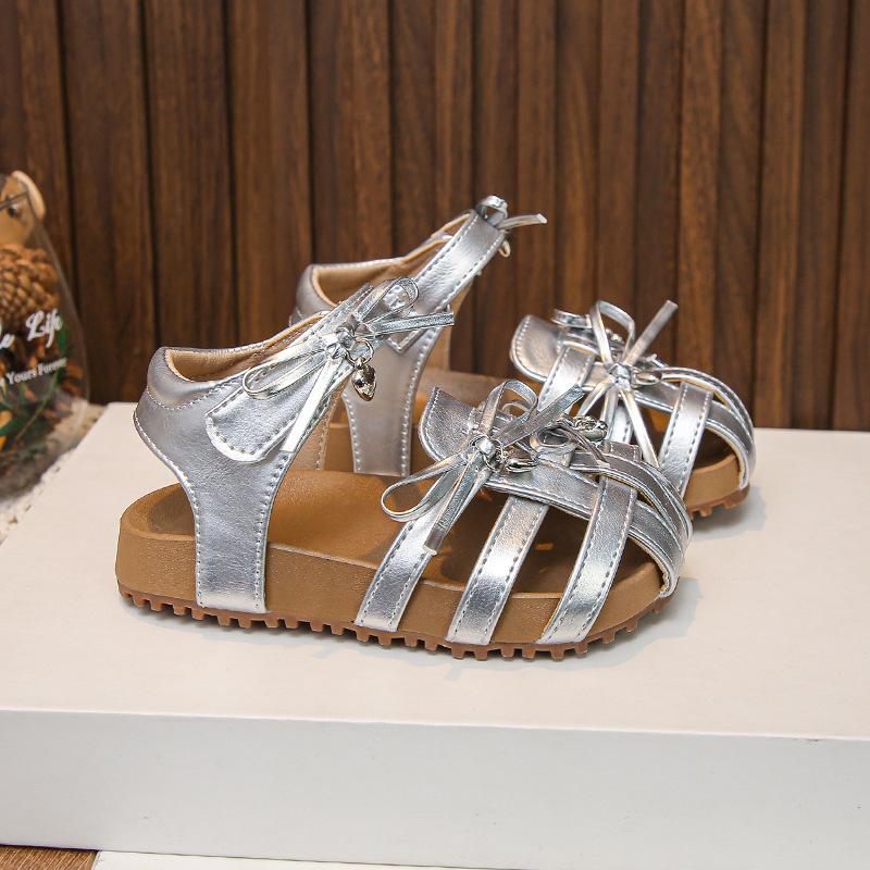Girls Summer Bowknot Closed Toe Roman Sandals Soft Sole Non Slip Beach Shoes for Kids 23 серебряный