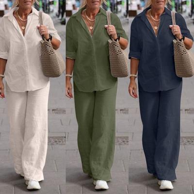 Women's  Linen Two Piece Set Casual Button Down Shirt Wide Leg Pants Outfit