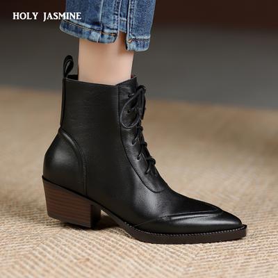 2024 New Elegant Women Ankle Boots Lace-up Shoes Woman Autumn Winter Genuine Leather Thick High Heels Office Lady Women Boots