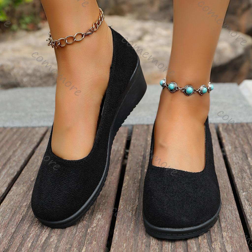 Fashion Comemore Spring Autumn Solid Colour Shallow Mouth Single Shoes for Women Casual Suede Soft Bottom Wedges Heel Women's Shoes