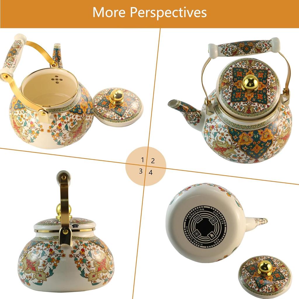 Floral Enamel Tea Kettle Vintage Gold Beige Teapot Colorful Boho Hot Water Coffee Kettle Pot 2.5L Porcelain Tea Pot with Ceramic Handle for Stovetop