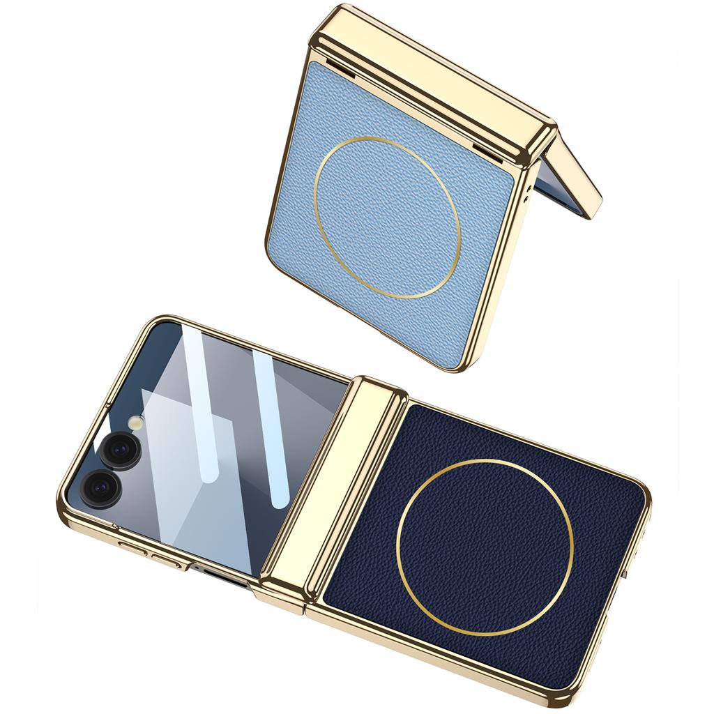 Magnetic Hinge Wireless Charge Case for Samsung Galaxy Z Flip 7 Plating PU Leather Screen Glass Cover For Galaxy Z Flip7 Case