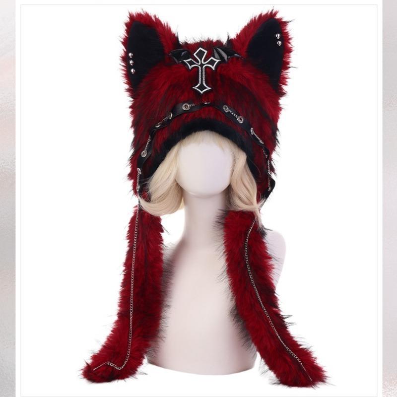 Gothic Dark Plush Cat Ear Hat Alt Subculture Punk Rock Y2K Grunge Hot Girl Fluffy Beanie for Women Winter Warm Fleece Head Cap