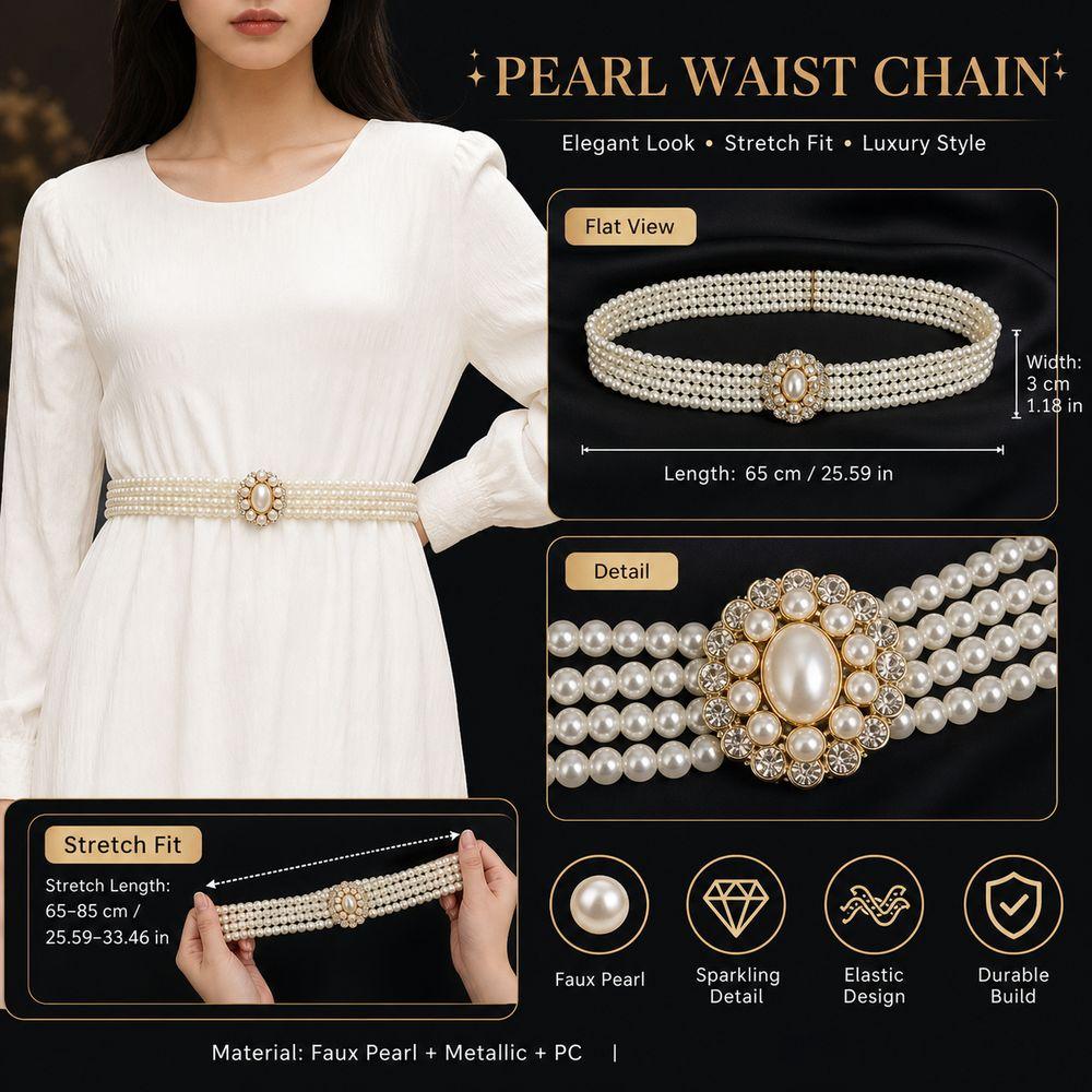 White Imitation Pearl Elastic Belt Metal Waist Chain New Beaded Belt Party Accessories