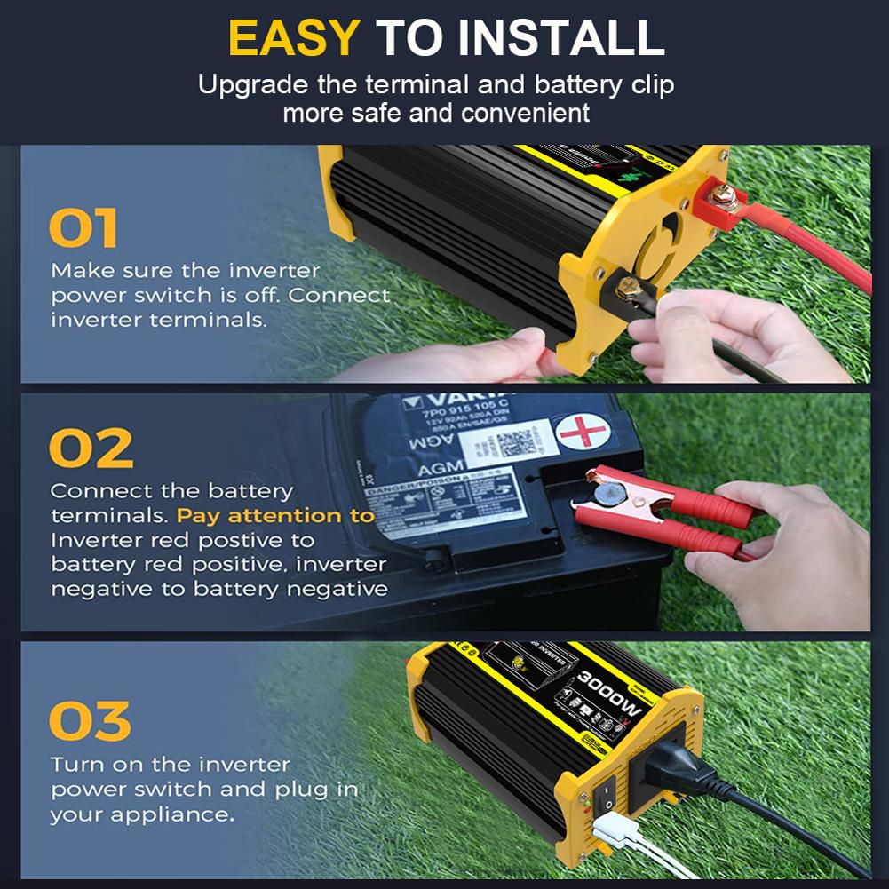 3000W Intelligent Power Inverter DC 12V To AC 220V Dual USB Car Charger Converter Modified Sine Wave Portable Power Inverter