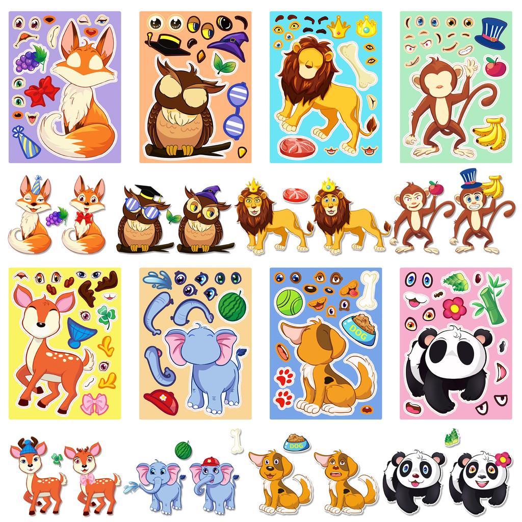8 Pictures/set of Animal Face Change Stickers Cartoon Cute Children Reward Puzzle DIY Creative Early Education Puzzle Stickers