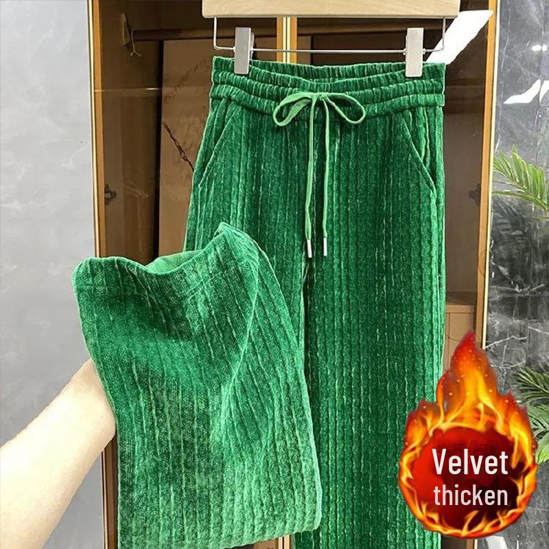 

Женские жаккардовые широкие брюки с высокой талией белого цвета - повседневные брюки весна/осень M зелёный