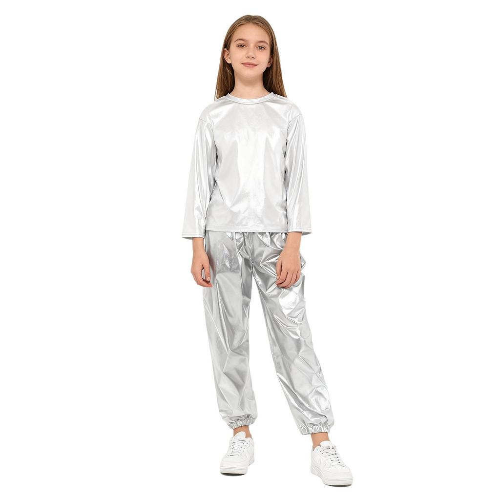 Kids Girls Dance Performance Outfit 2-Piece Set: Metallic Shiny Long Sleeve T-shirt & Matching Shiny Pants for Stage & Party