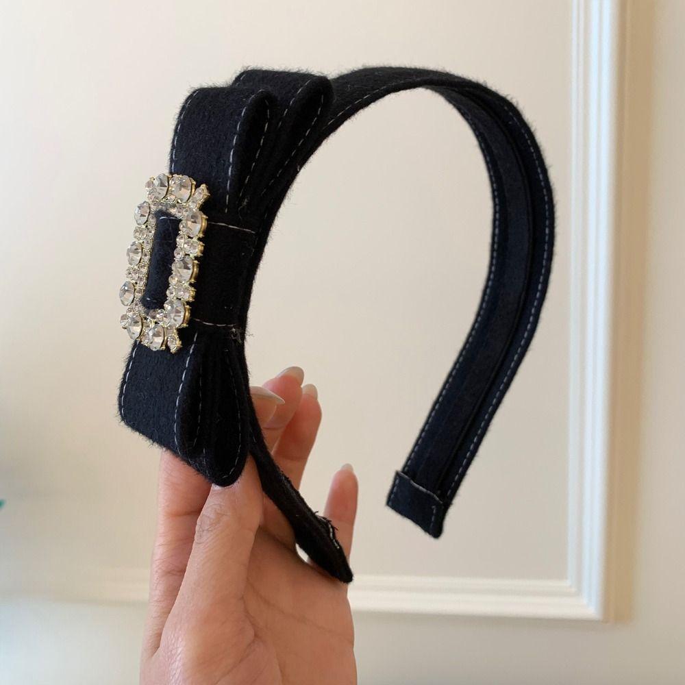 Korean Style Rhinestone Bow Headband Vintage Flocking Hair Hoop Wide Edge Hairband  Lady