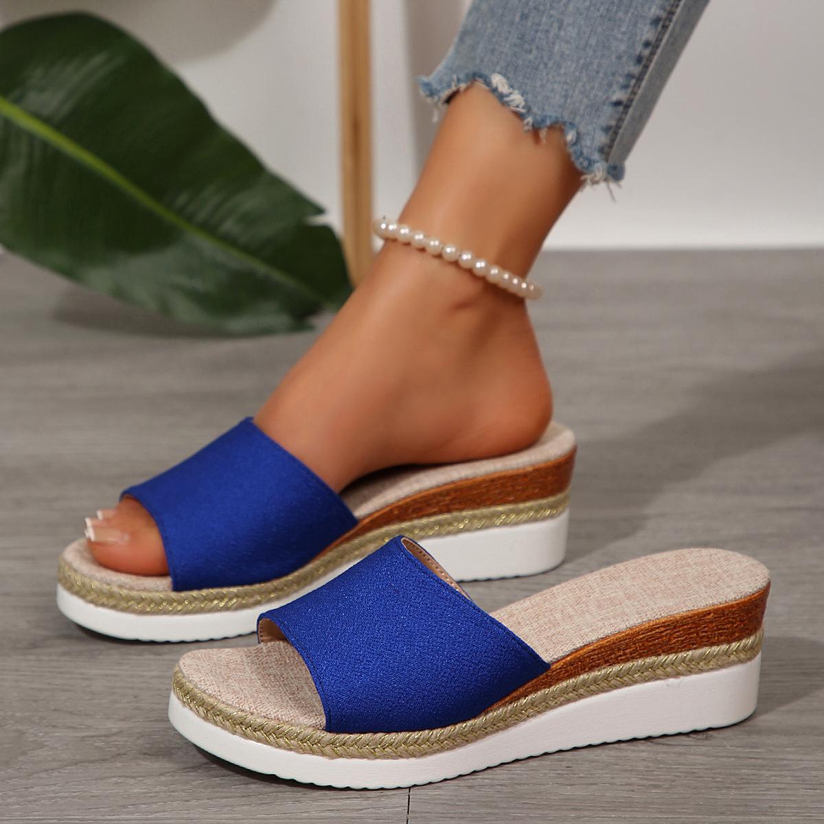 

Однотонные тапочки из ткани с толстой подошвой и покатым каблуком, женская летняя одежда, пляжные тапочки с крошкой, классные тапочки 43 синий