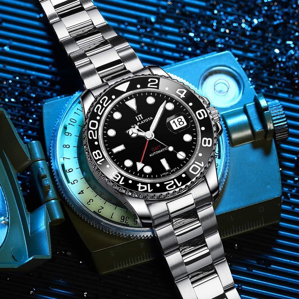 HAMAYOTA Men's Automatic Diving Watch with GMT Function and Multicolored Ceramic Rotating Bezel