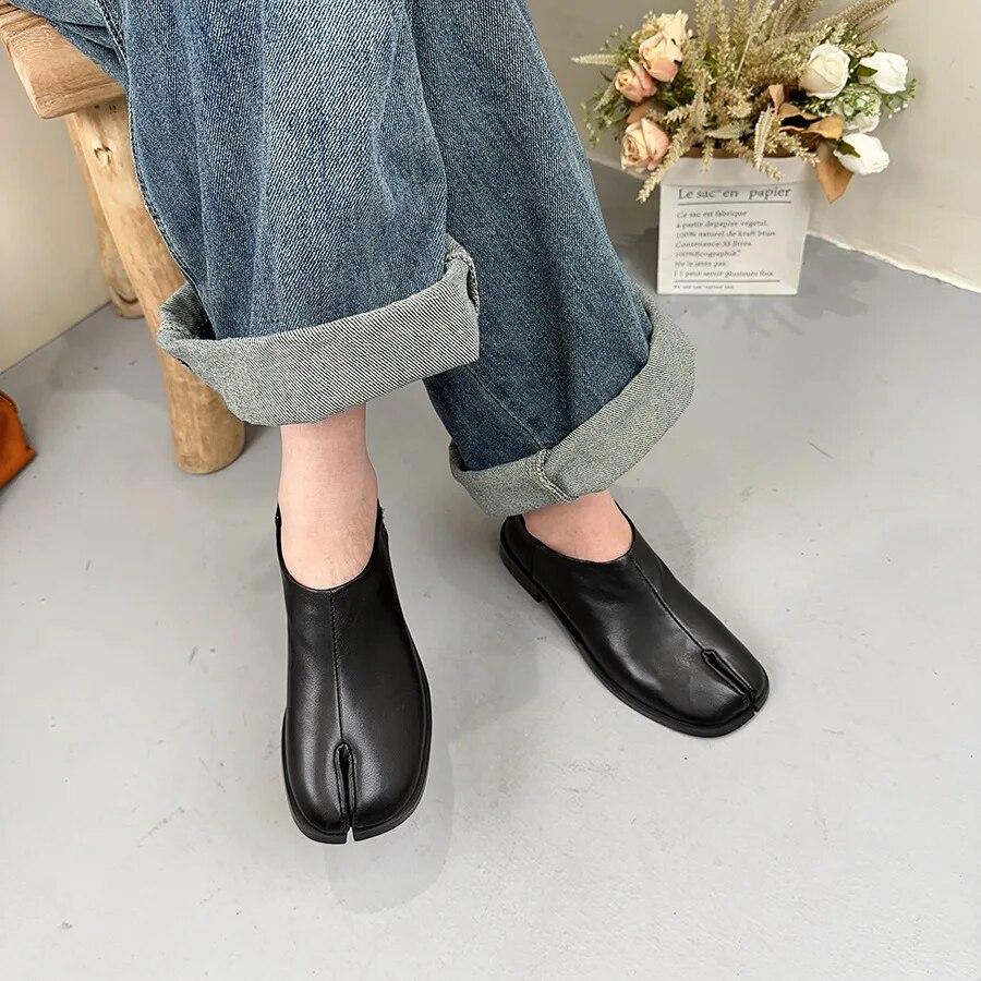 Johnature Düz Renk Hakiki Deri Topuklu İngiliz Tarzı Ayrık Toe Çok Yönlü Alçak Topuk Kadın Ayakkabı