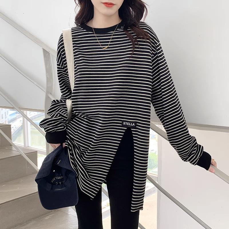 

European Spring Women s Striped Slim-Fit Long-Sleeve Mid-Length Cotton T-Shirt Extra Large чёрный