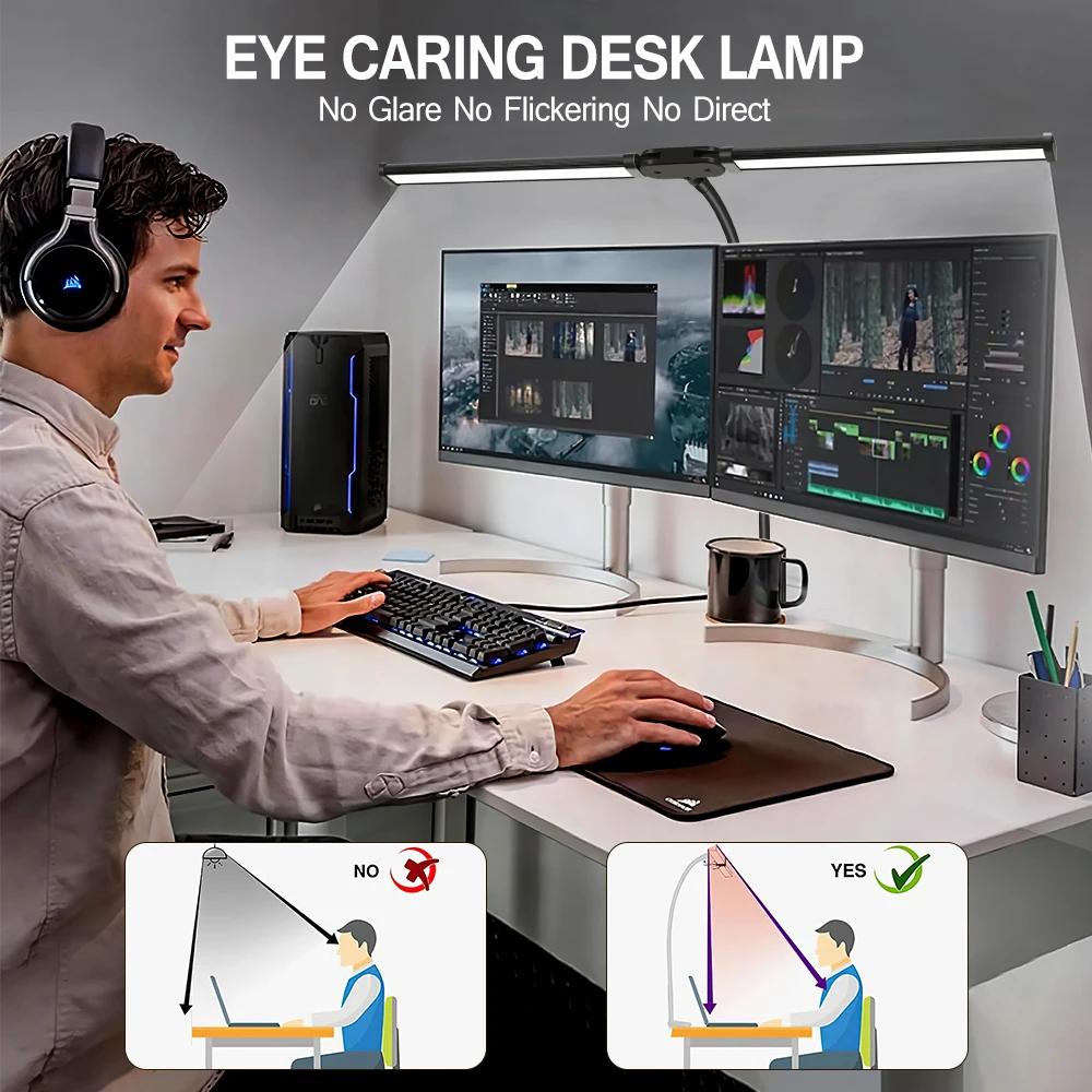 1Pc Double Head LED Desk Lamp Dimmable PC Monitor Light USB Table Lamps Reading Lights Eye Protection 3 Color Mode For Office