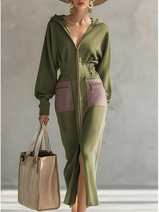 

Elegant Olive Green Hooded Zipper Sweatshirt with Long Sleeve Narrow-Waisted Skirt XL
