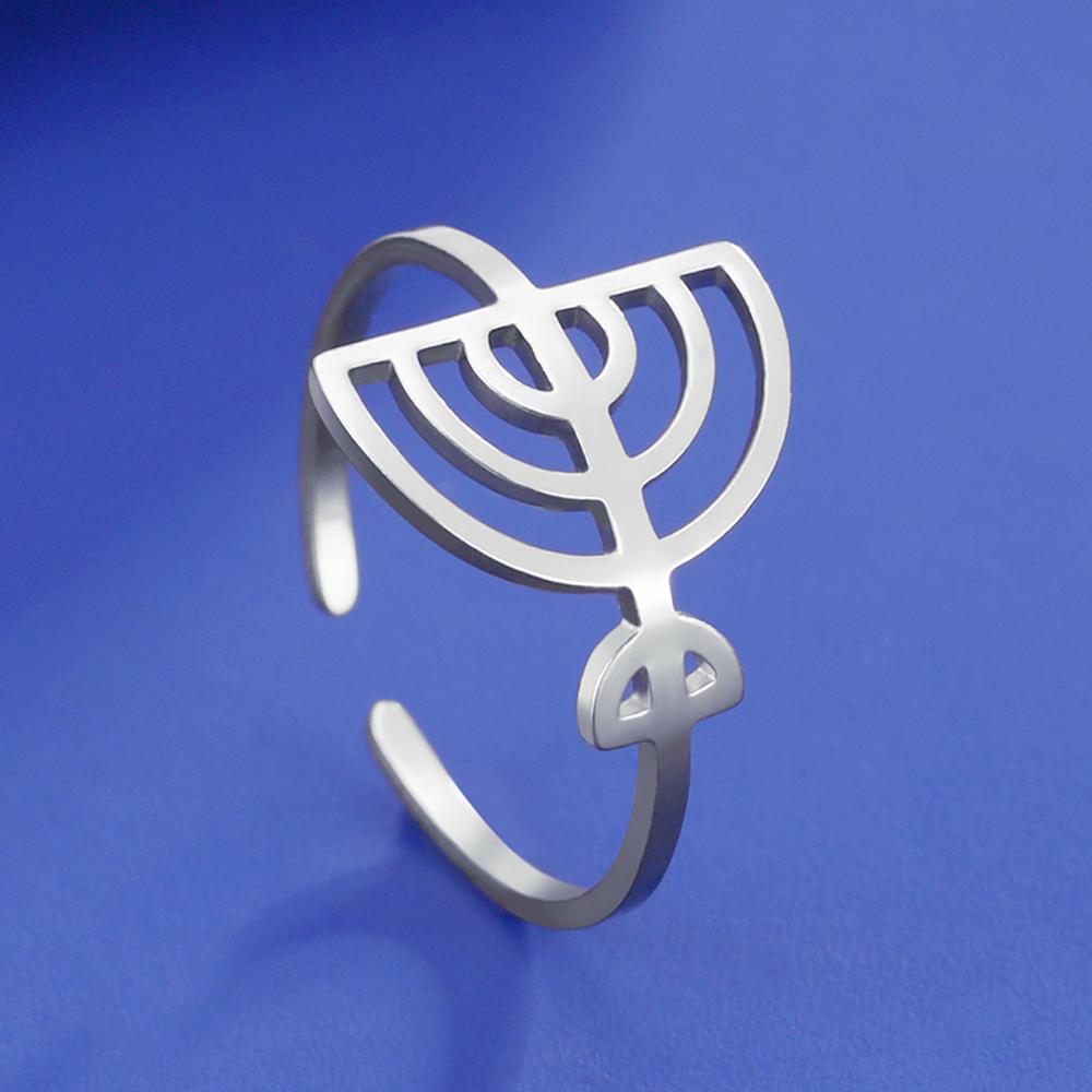 Dawapara Je Menorah Ring Jerusalem Symbol Hanukkah Chanukah Gift Judaic Jewelry Stainless Steel Adjustable Rings