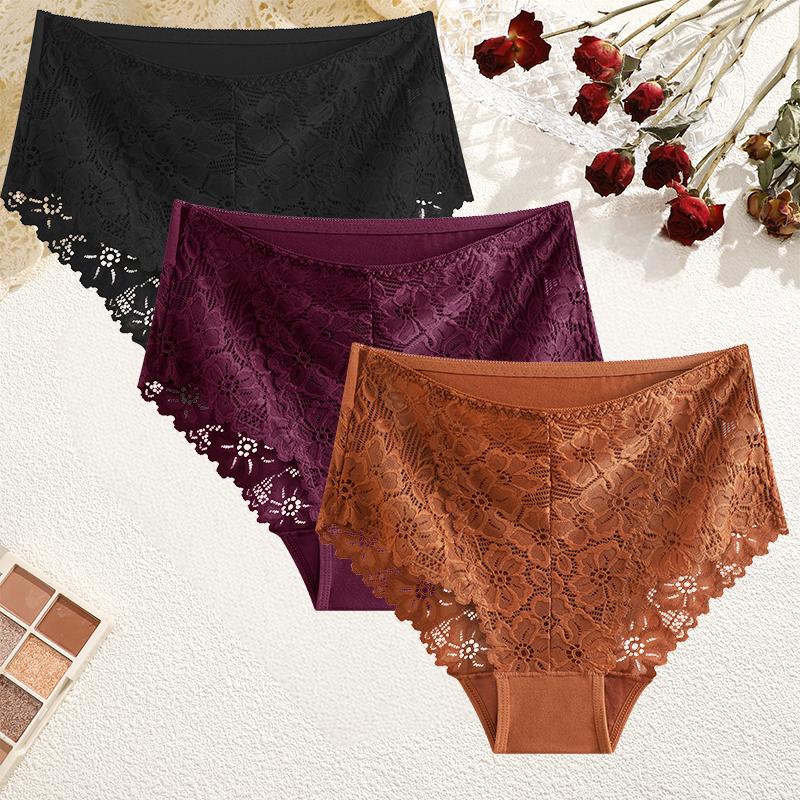 FINETOO 3 Pezzi Mutandine da Donna a Vita Media in Pizzo Sexy Colore Unito Rifiniture in Pizzo Biancheria Intima Femminile Lusso Svuotate Slip Comodi Traspiranti Lingerie
