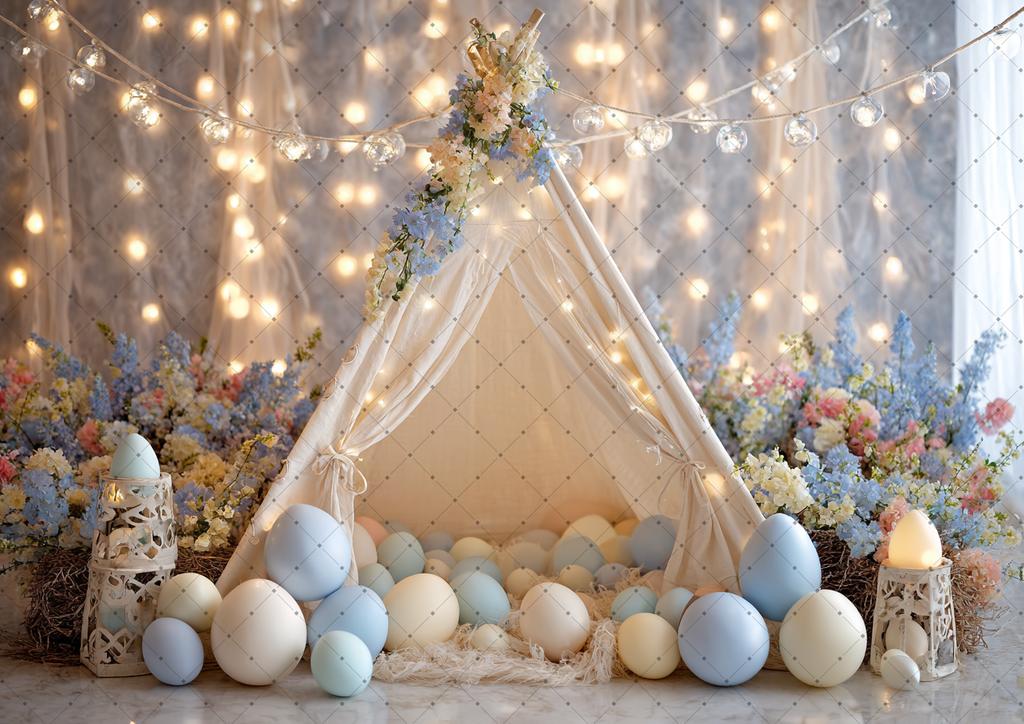 Spring Easter Photography Background Boho Tent Colorful Eggs Flower Baby Shower Birthday Party Decor Kid Portrait Photo Backdrop