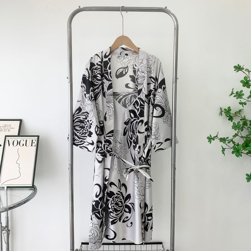 

Ink Painting Print Suspender Skirt + Two-Piece Pajamas Mid Length Long Length Loose Plus Size Bathrobe Summer Loungewear Special Offer Grey L