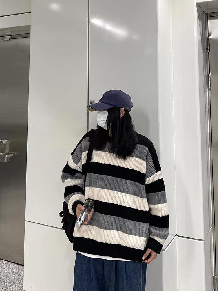 Women's Color-Block Round Neck Sweater - Autumn/Winter Casual Knitwear, Trendy & Versatile Style for Couples