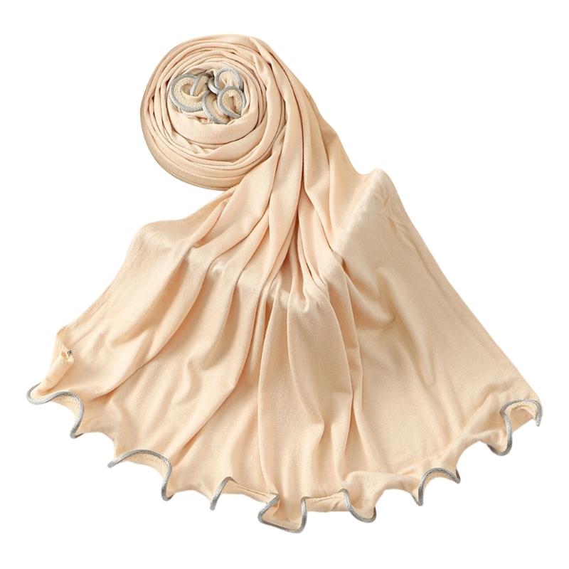 

Luxurious Cotton Hijab Scarf for Women Breathable Comfortable Ruffled Trim Head Wrap Shawl Wrap for Culture Event Wear 170x55cm бежевий