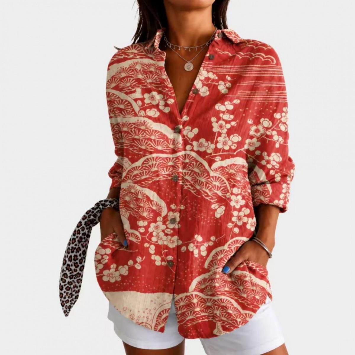 Camisa de Manga Larga con Estampado Floral, Elegante Top Casual de Botones XXL brown