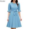 Women Casual Round Neck Solid Color Half Sleeve Dress
