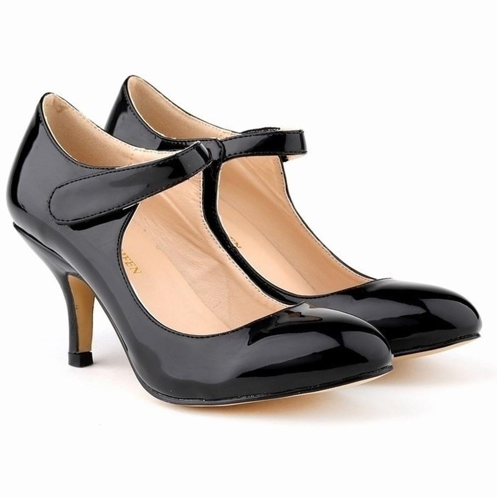 Zapatos de tacón alto informales de charol con tiras en el tobillo para mujer, 7 cm, tacón medio, cómodos, redondos, de boca baja, para trabajo, boda, color rojo
