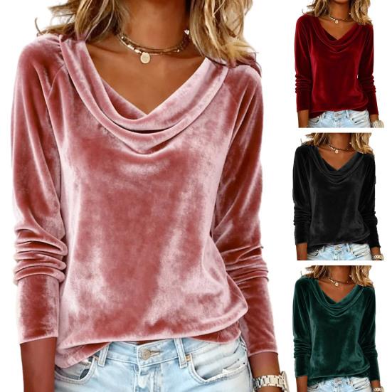 Women Tops Swing Collar Long Sleeve Velvety Fabric Solid Color Pullover Tops Golden Velvet Casual Blouse Office Date Wear