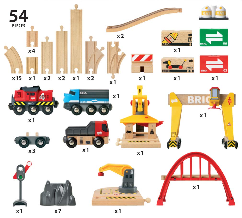 BRIO WORLD Cargo Rail Deluxe Set [Total 54 Pieces] Ages 3 and Up (Electric Vehicle Train Toy Wooden Rail) 33097
