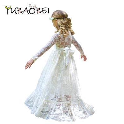 Abito lungo da ragazza in pizzo da 2-12 anni, dolce, grande fiocco, manica lunga, per bambini, principessa, matrimonio, ballo di fine anno