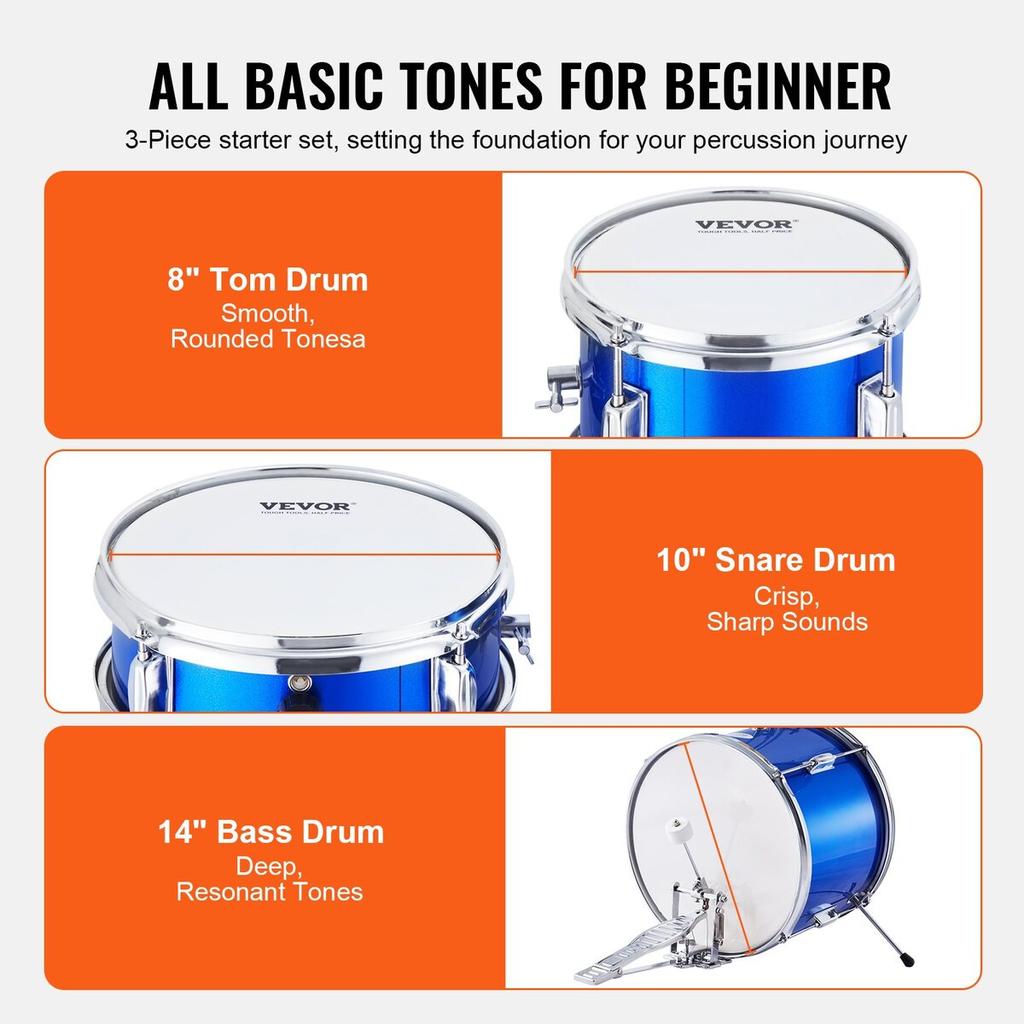 Kids Drum Set 3-Piece 14 in Beginner Drum Set for Child with Throne Blue