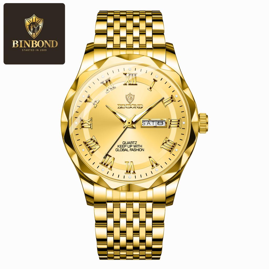BINBOND Quartz Male Wristwatch Waterproof Luminous Date Week Watch for Men Stainless Steel Fashion Men's Watches Business Watch Casual Male Clock