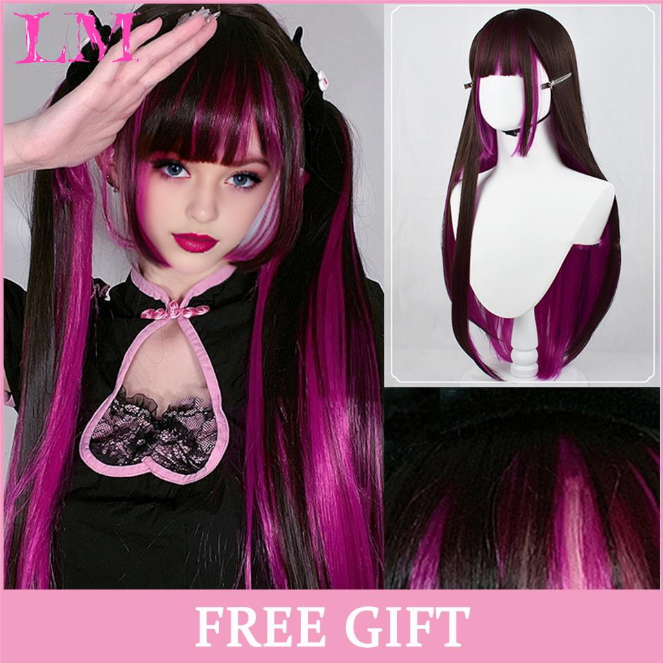 LM Cosplay-Perücke mit Pony, synthetisches glattes Haar, 61 cm lang, hitzebeständig, rosa Perücke für Frauen