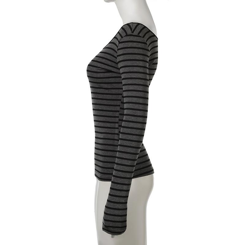 Harajuku Basic Slim Long Sleeve Stripe Tee Off Shoulder O Neck Korean Street Style Spring Autumn Y2K Women's Gray T Shirt