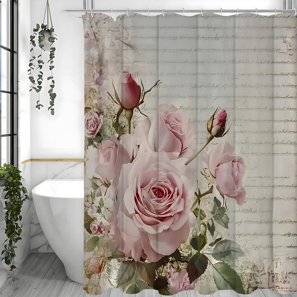 Pink Rose Floral Shower Curtain, Bathroom Decorative Shower Curtain, Waterproof Shower Curtain with Hooks