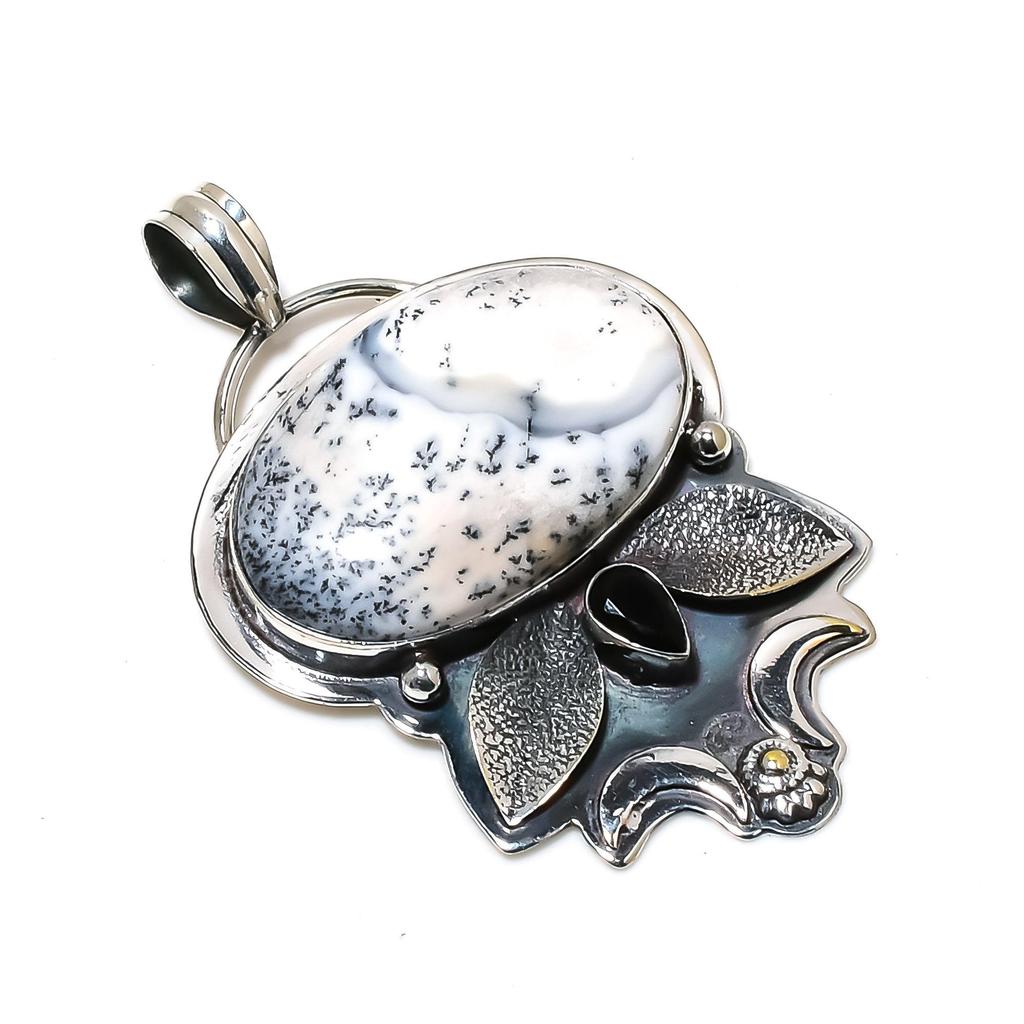 Natürlicher Dandarte Opal, Schwarzer Spinell Edelstein Silberanhänger in 925 Sterling Silber - Handgefertigtes Design, Alltagsschmuck, Einzigartige Anhängergeschenke