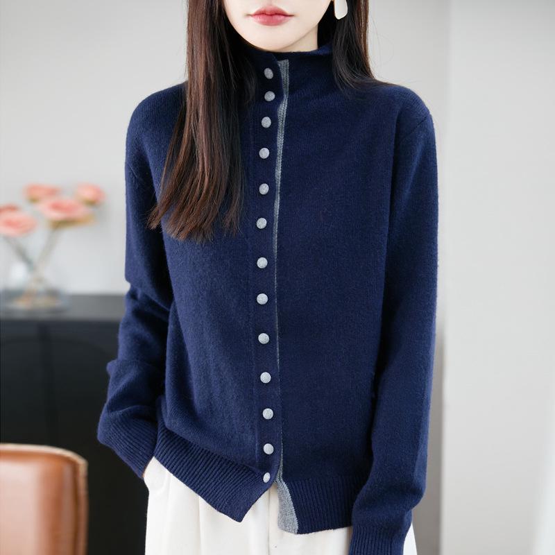 Women's 2025 French High Neck Buttoned Embroidered Woolen Knit Cardigan - Stylish, Warm Sweater Jacket