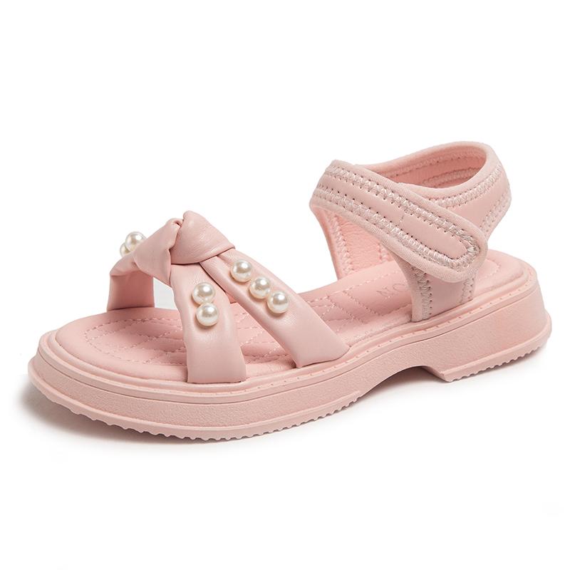 Sandalias cruzadas para niñas pequeñas, sandalias de princesa con perlas, antideslizantes, de moda, para playa, de verano, todas a juego, talla 26-37