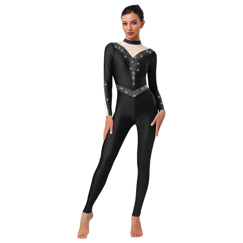 Womens Sparkle Rhinestone Dance Gymnastics Leotard Mock Neck Long Sleeve Long Pants Jumpsuit