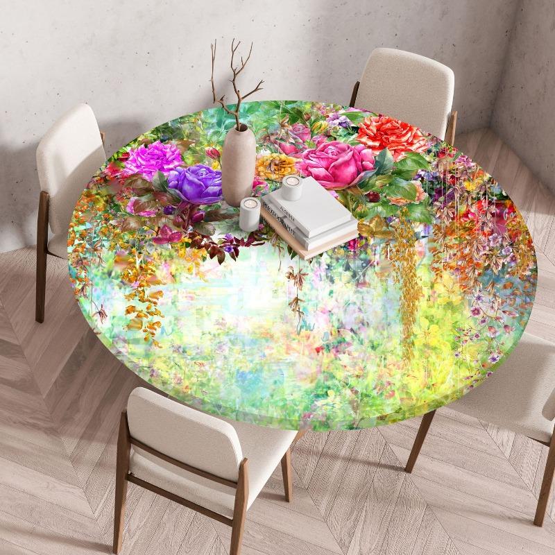 

Stretch Fitted Floral Print Round Table Cloth Elastic Edge Waterproof Heat Resistant Dining Table Cover for Kitchen Wedding Diameter 60cm