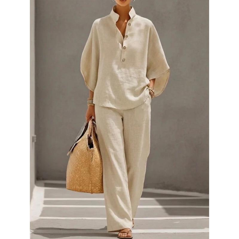 European and American Vintage Heavy Industry Floral Print Two-piece Set: Stand-collar Polo Shirt + Wide-leg Pants Loose Casual Vacation Set