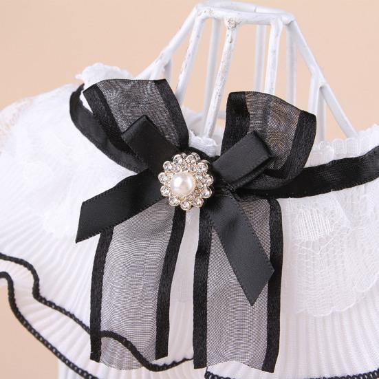 Elegant Faux Pearl Pet Bib Lace Ruffle Cat Collar, Bandana with Bow Knot, Retro Puppy Formal Neckwear Cute Princess Collar for Cats Small Dogs Wedding