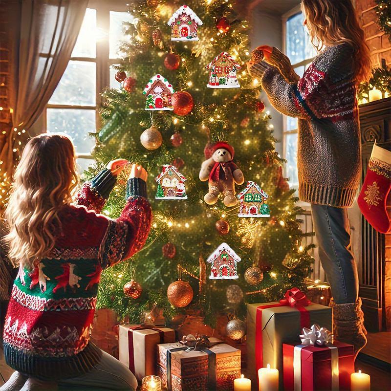 12PCS Christmas Tree Decoration Gingerbread House Pendant Wooden Multi-element Suspension Rope Holiday Wooden House Gift
