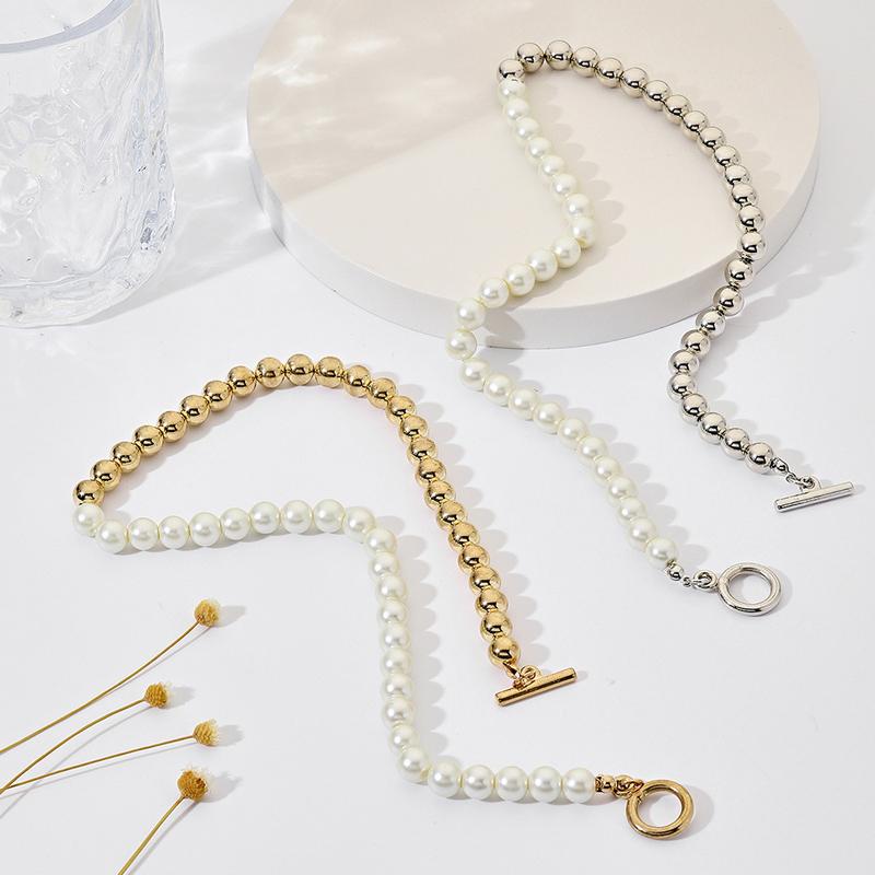 Minimalism Gold Bead Imitation Pearl Splicing OT Buckle Necklace for Women Collision Clavicle Chain Jewelry