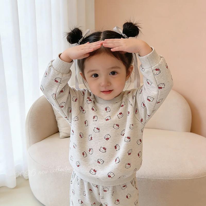 Baby Girls' Cute Cartoon Print Two-Piece Set: Round Neck Sweatshirt & Joggers