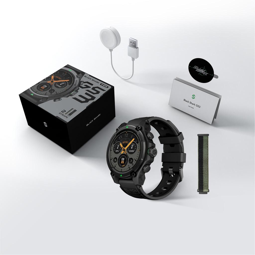 Black Shark GS3 1.43-inch Touchscreen Outdoor Sports Smartwatch with GPS,Bluetooth Connectivity,wireless charging,AI Watch Face,and Detachable Strap.